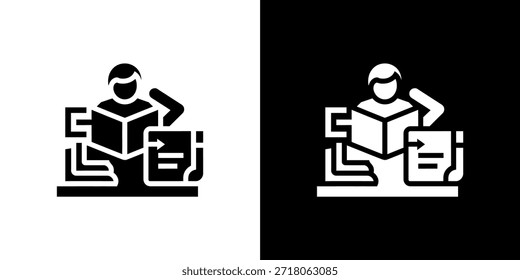Un simple icono representa a alguien leyendo un libro en un escritorio, en blanco y negro.