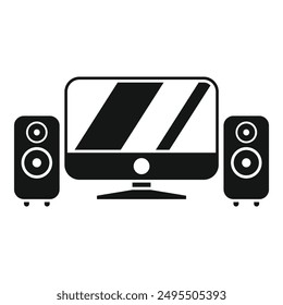 Simple icon of a desktop computer with two speakers, useful for illustrating concepts like music production, home studio, or multimedia setup
