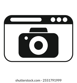 Simple icon of a digital camera is displayed within the frame of a web browser window, representing online photography