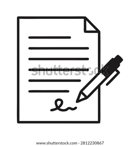 A simple icon of a document being signed with a pencil isolated on a transparnt background