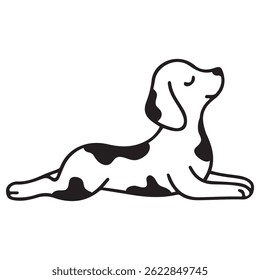 Icono simple de un perro haciendo yoga, es decir, acostado en la pose de cobra, para logotipos y varios diseños