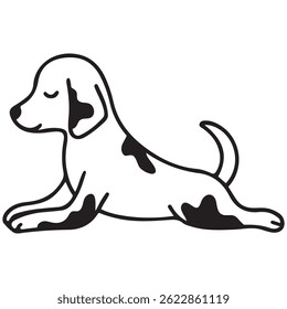 Icono simple de un perro haciendo yoga, es decir, acostado en la pose de la esfinge, para logotipos y varios diseños