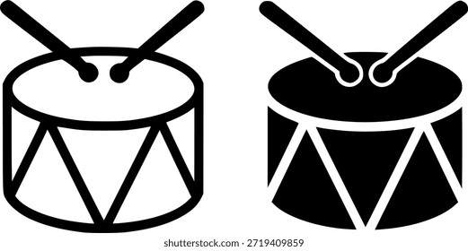 Icono simple, ilustración de tambor, esquema y versiones de silueta