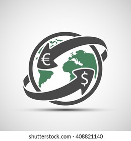 Simple icon earth planet with arrows. Money transfers. Stock vector illustration.
