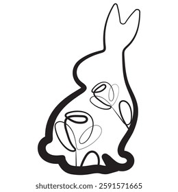 simple icon of an Easter bunny sitting on its hind legs and turned to the right side with rosebuds in line art style drawn with an original outline, for logos and various designs