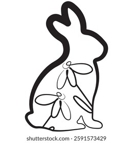 simple icon of Easter bunny sitting on hind legs with chamomile buds in line art style drawn with original outline, for logos and various designs