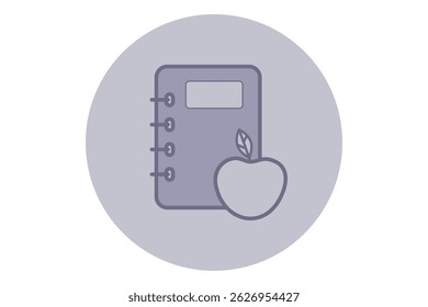 Simple icon of education, featuring notebook with rings and apple. Learning and knowledge concept, often associated with school settings
