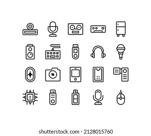 Simple icon of Electronic Device-related line icon. Contain such icons as microphone, air conditioner, refrigerator, speaker, headphone, flashdisk, and more. Editable stroke.