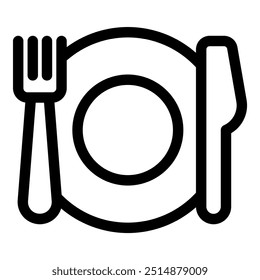 Simple icon of an empty plate with a fork and knife, perfect for representing mealtime or dining