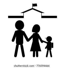 Simple icon of family in black colour; symbol of child going to school with parents. Isolated on white background. Flat design for use in website, logo, app, UI, art. Vector illustration, EPS 10.