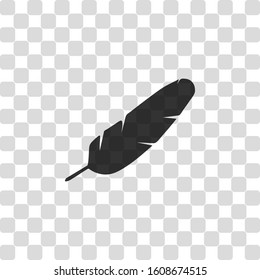 Simple icon of feather. Black symbol on transparency grid