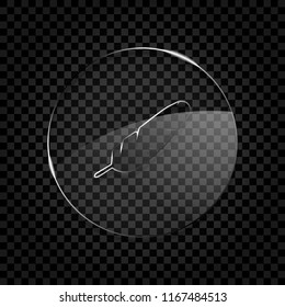 Simple icon of feather. Icon in circle glass bubble on dark transparent grid. Glass style