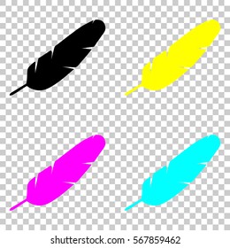 Simple icon of feather. Colored set of cmyk icons on transparent background.