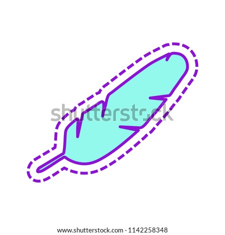 Simple icon of feather. Colored sketch with dotted border on white background