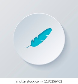 Simple icon of feather. Cut circle with gray and blue layers. Paper style