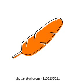 Simple icon of feather. Isolated icon consisting of black thin contour and orange moved filling on different layers. White background