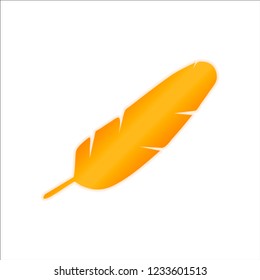 Simple icon of feather. Orange sign with low light on white background