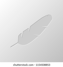 Simple icon of feather. Paper design. Cutted symbol. Pitted style