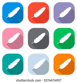 Simple icon of feather. Set of white icons on colored squares fo