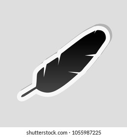 Simple icon of feather. Sticker style with white border and simple shadow on gray background