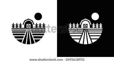 Simple icon features a farm field, sun, crops and a barn house design in a minimalist style, rendered in black and white tones.
