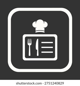 A simple icon featuring a chef's hat above a menu board with a fork, knife, and lines, representing culinary services.
