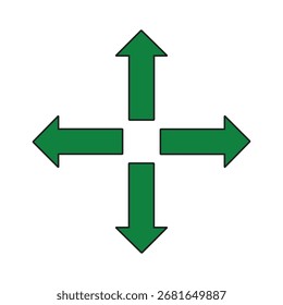 Un icono simple con cuatro flechas verdes con contornos negros apuntando hacia afuera desde un punto central. Simboliza la expansión, la navegación, el crecimiento, las opciones o una herramienta de movimiento para las interfaces de usuario.
