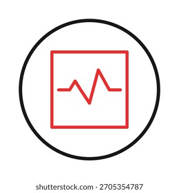 Um ícone simples apresentando um gráfico exibindo um sinal vital dentro de um quadro quadrado, encapsulado em um círculo. Ilustra a tecnologia médica moderna para diagnóstico, análise e monitoramento de saúde com