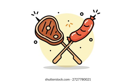 Eine einfache Ikone mit einem gegrillten Steak auf einem Spieß und einer Wurst auf einem Spieß, die Grill und Grillen symbolisiert.