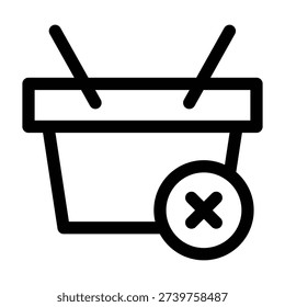 A simple icon featuring a shopping basket next to a circular button containing an 'X' or cross mark. This symbolizes the cancel, delete, or close function within a shopping context.