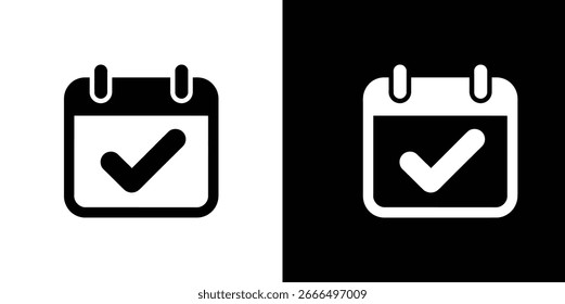 Icono simple con un calendario estilizado con una marca de verificación. Provisto de un fondo transparente y aislado en negro para un uso versátil.