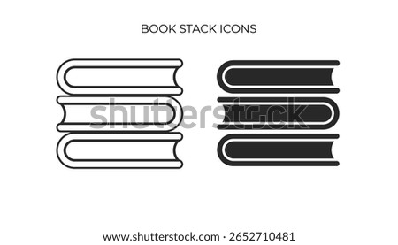A simple icon featuring three horizontally stacked books, presented in both outline and solid black versions, signifying education or knowledge.