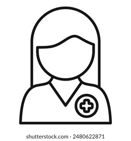 Simple icon of a female medical professional, wearing a lab coat with a medical cross