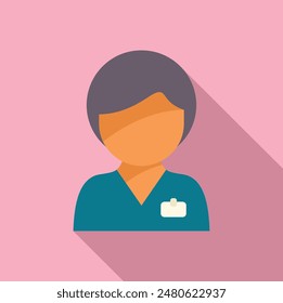 Simple icon of a female nurse wearing scrubs with a name tag