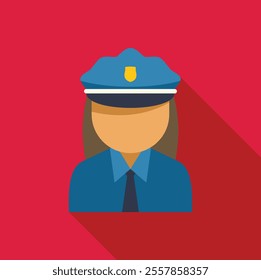 Simple icon of a female police officer wearing a blue uniform and hat, set against a vibrant red background