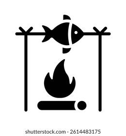 A simple icon of a fish being grilled over an open campfire.