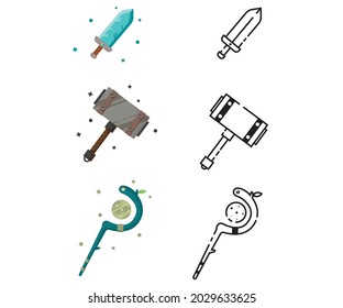 Simple icon and flat design. (Sword, hammer, and magic staff icon)