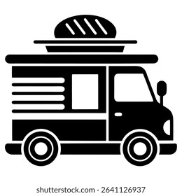Simple icon of a food truck with a rooftop cargo carrier.