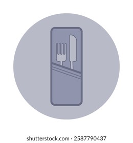 Simple icon of fork and knife placed within rectangular container. Culinary themes or dining settings concept