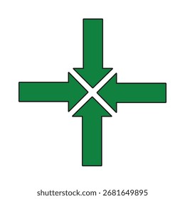 Ein einfaches Symbol mit vier grünen Pfeilen mit schwarzen Umrissen, die zur Mitte zeigen. Diese Grafik stellt Konzepte wie Konvergenz, Fokus, Teamarbeit, 
