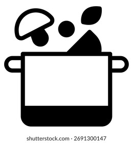 Icono simple de una sartén con verduras y una espátula.