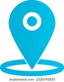 Ein einfaches Symbol. Das Geolokations-Zeichen ist blau mit einem Farbverlauf, oberhalb eines blauen Ringes unten. Vektorgrafik.