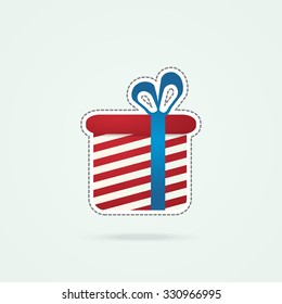 Simple icon of gift with blue ribbon and bow.