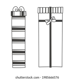 Simple icon of gift box tied with ribbon in line art style. Flat illustration set of decorated surprise in wrapping paper with bow. Vector picture for thematic design, website, sticker.
