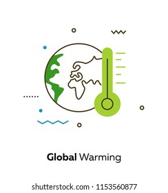 Simple icon Global Warming in outline style on isolated background. From set is ecology and recycle.  Thermometer and Earth. 