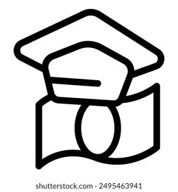 Icono simple de un tope de graduación encima de un billete que representa el costo de la educación