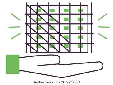 A simple icon graphic featuring a hand and an apartment building undergoing scaffolding repairs.