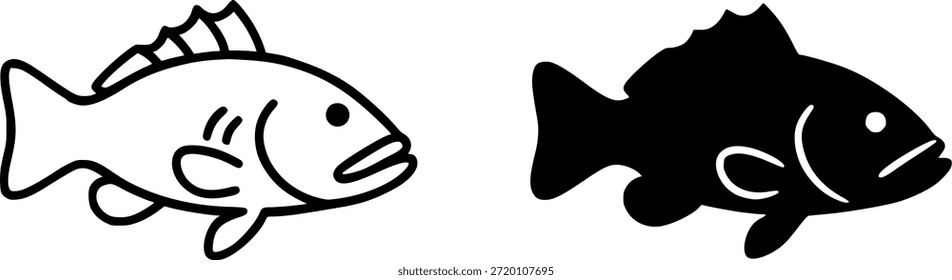 Ícone simples, ilustração de peixe de garoupa, versões de contorno e silhueta