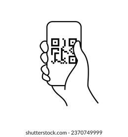 un simple icono de mano portando un smartphone está escaneando código qr