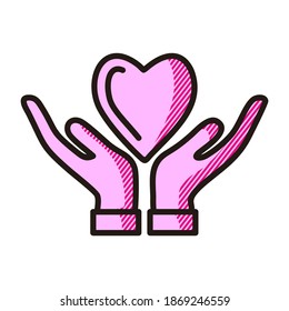 Simple ícono de la mano dando corazón. Caridad, sentimientos, apoyo. Concepto de amor. Se puede usar para temas como relaciones, medicina, salud